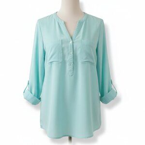 Emily Daniels Womens Blouse Small Aqua Split Neck Roll Tab Sleeve Pocket Top